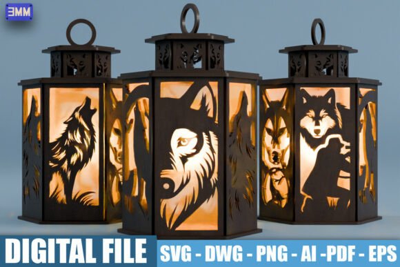3D Wolf Wildlife Lantern SVG DXF
