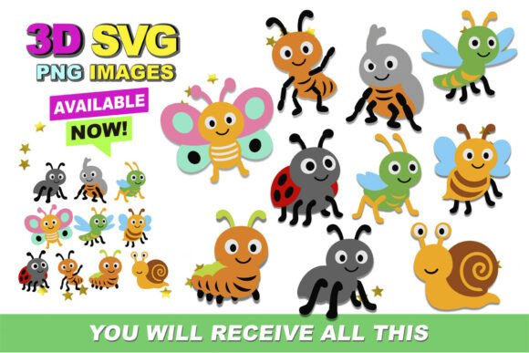 Cute Bugs Elements 3D SVG and Clipart