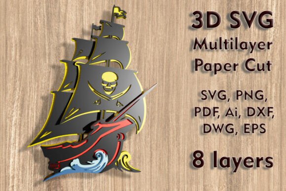 Pirate Ship 3D SVG Multilayer Paper Cut: A Versatile Design for Creative Projects