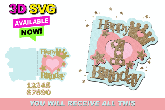 Princess Birthday Card 3D SVG
